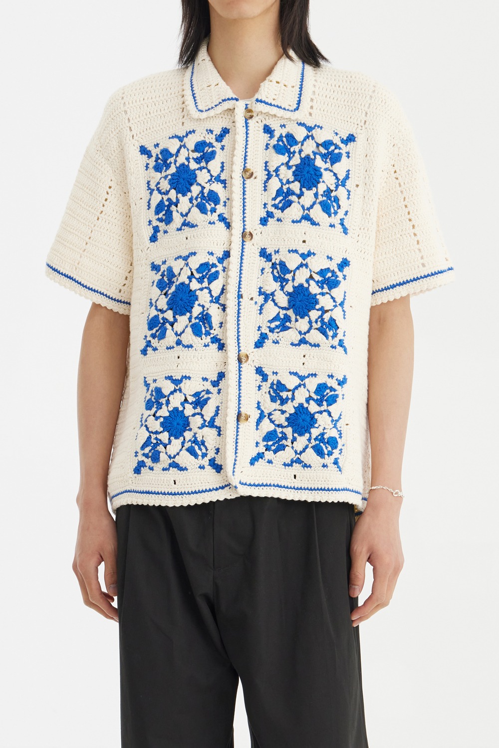 Crochet Tile Shirt-Ecru/Navy
