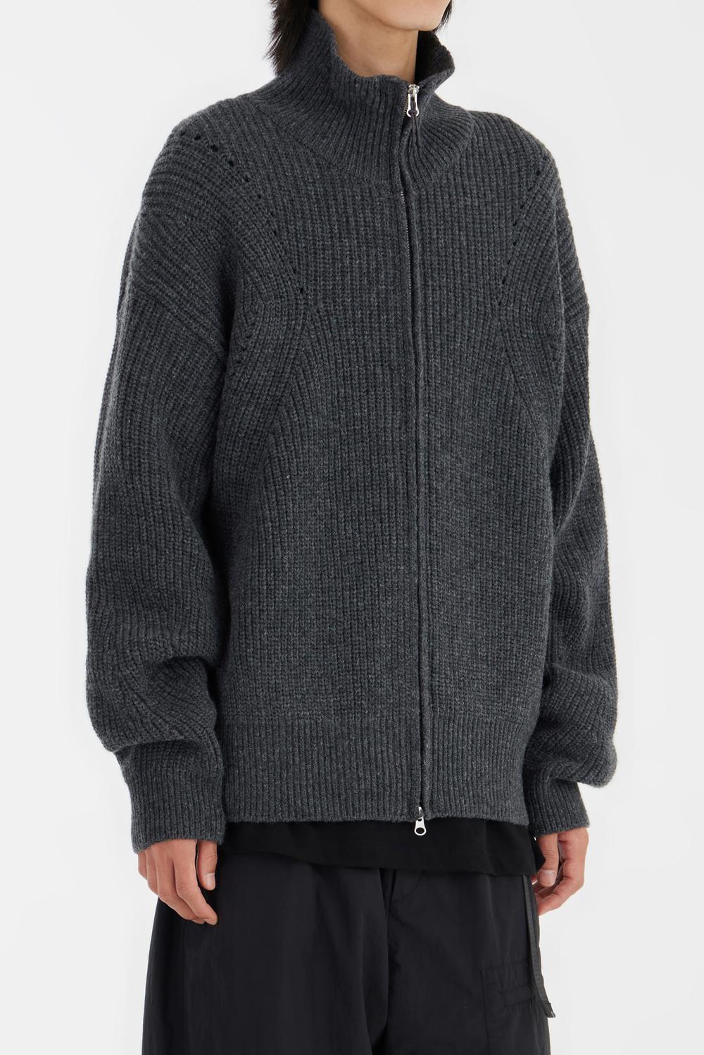 Knitted Zip-Up Cardigan_Charcoal Melange