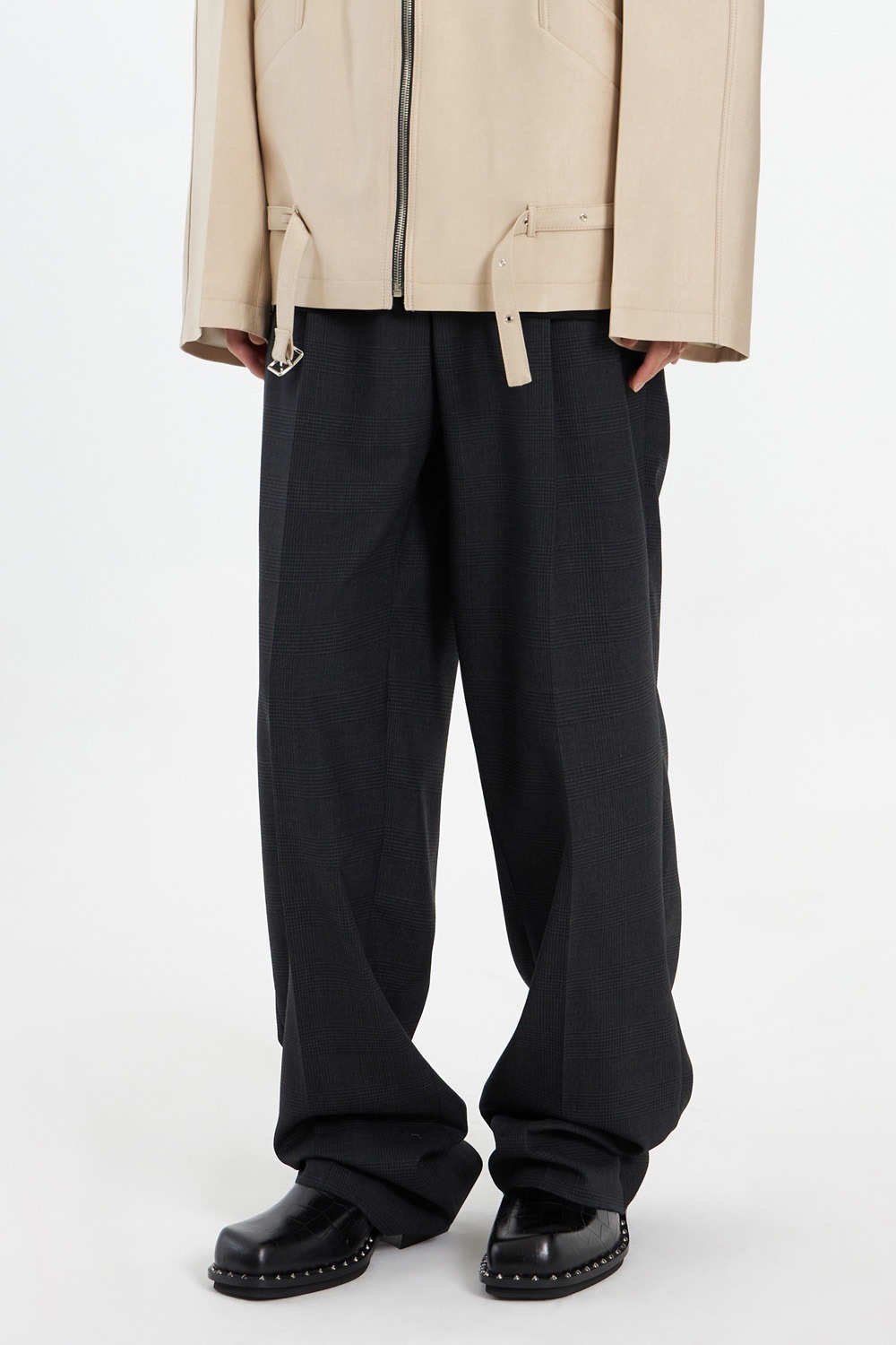 Glen Plaid Tuck Trousers_Charcoal Grey