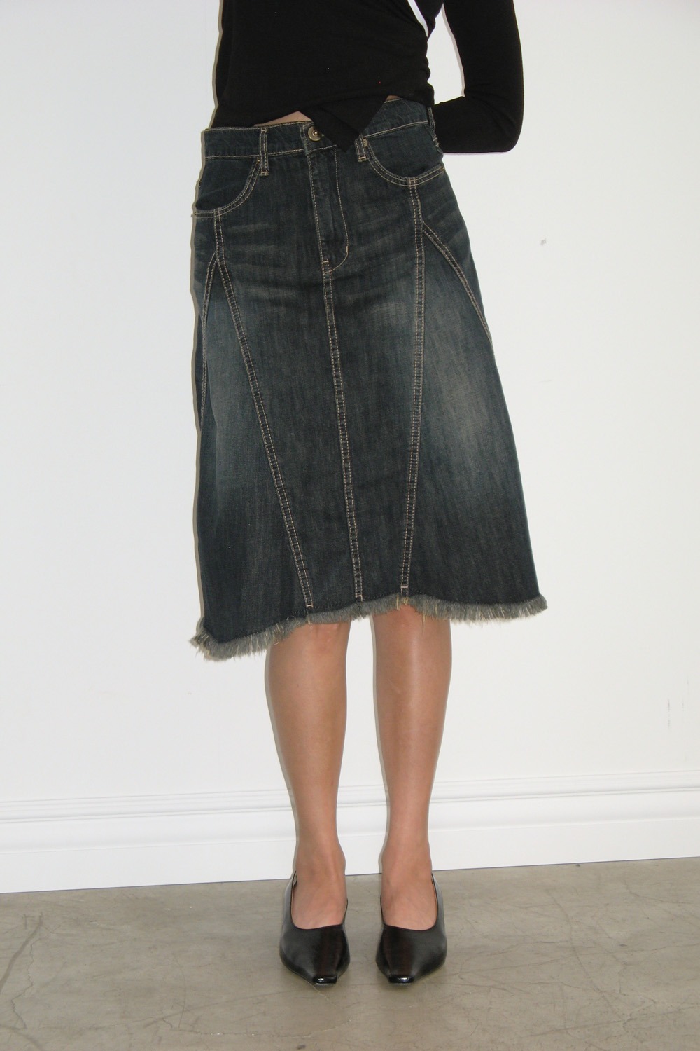 Washed Denim Midi Skirt - Indigo