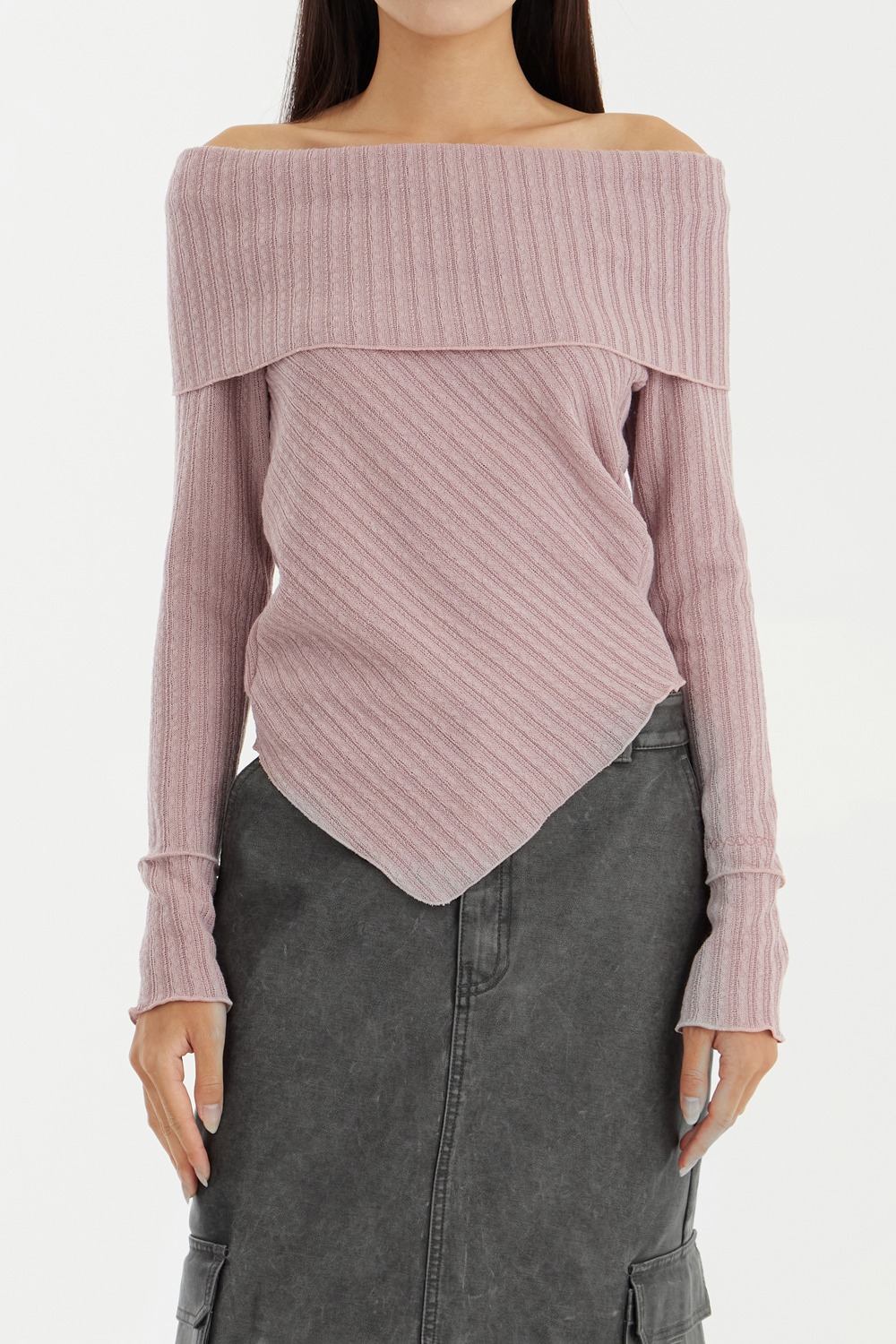 Off-Soulder Asymmetric Sweater - Pink