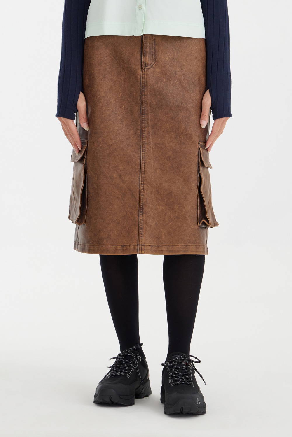 Washed Leather Cargo Skirt - Brown