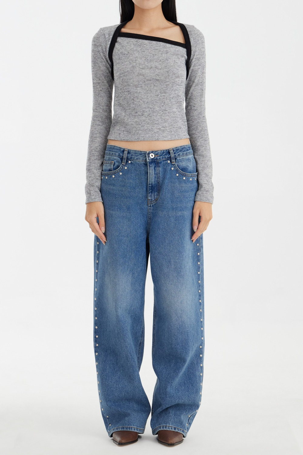 Studded Washed Jeans - Blue
