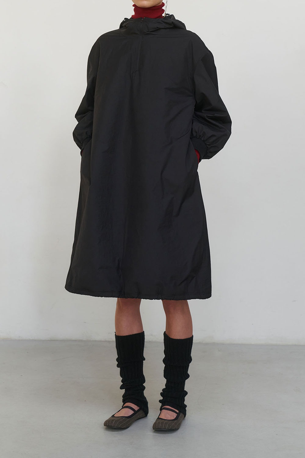Shirring Hoodie Dress - Black
