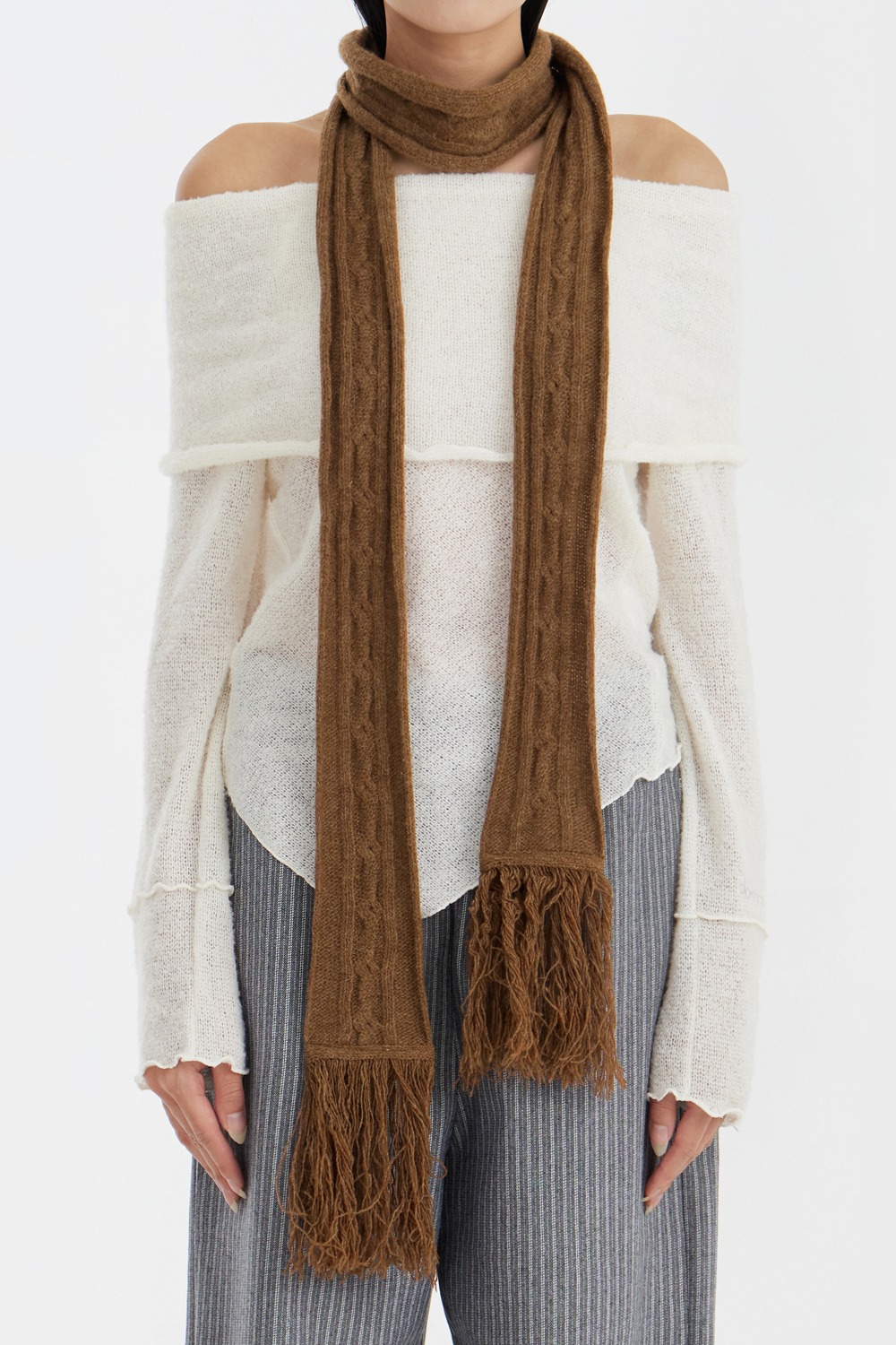 Wool Cable Knitted Scarf - Camel