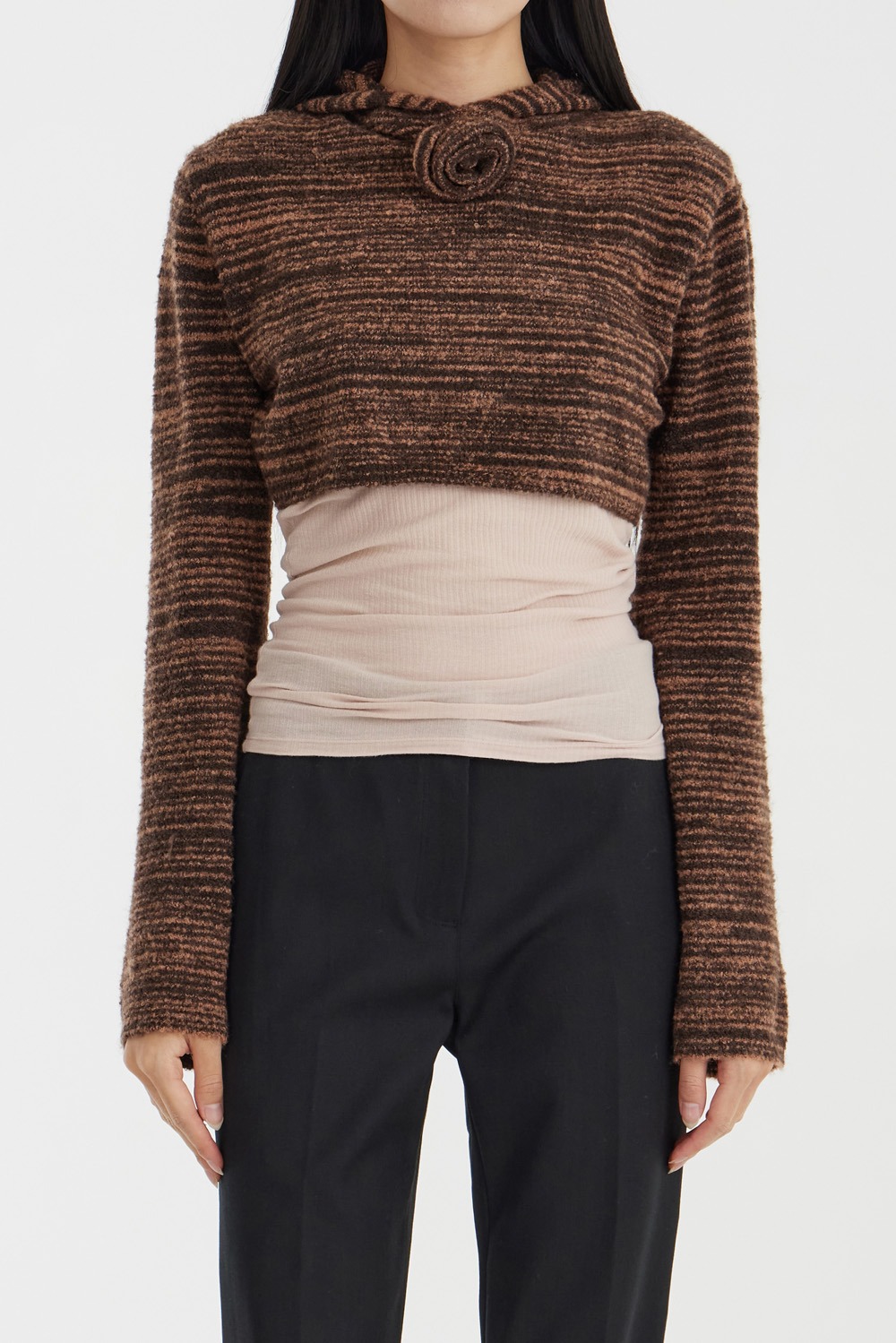 Flower Corsage Knitted Top - Brown