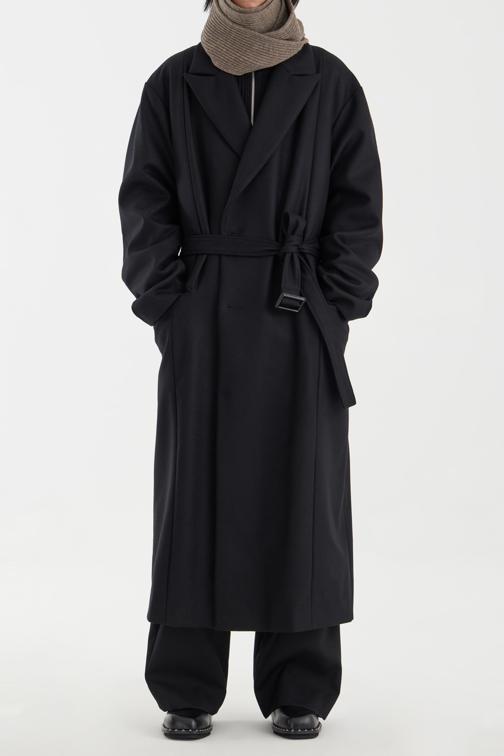 Oversized Maxi-Length Double Breasted Coat - Black