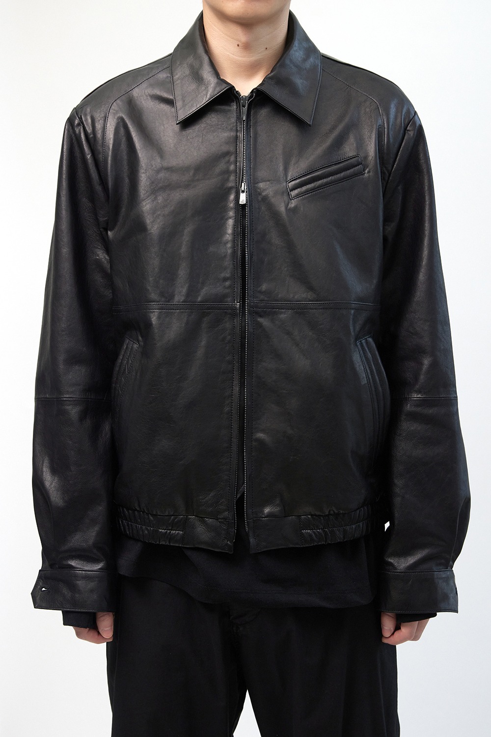 Stitched Volume Leather Jacket-Lamb Skin Black