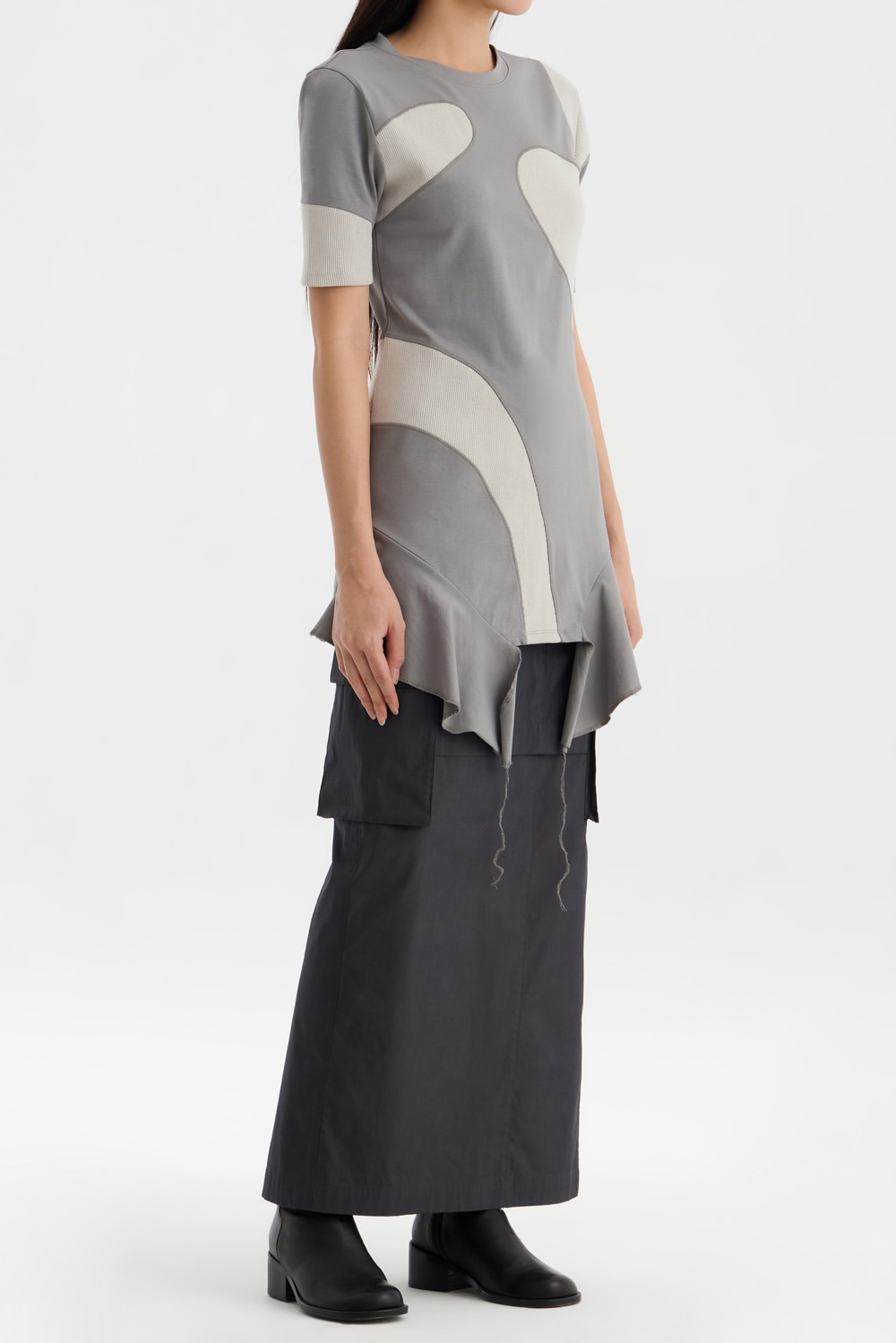 Rib Paneled Dress-Gray