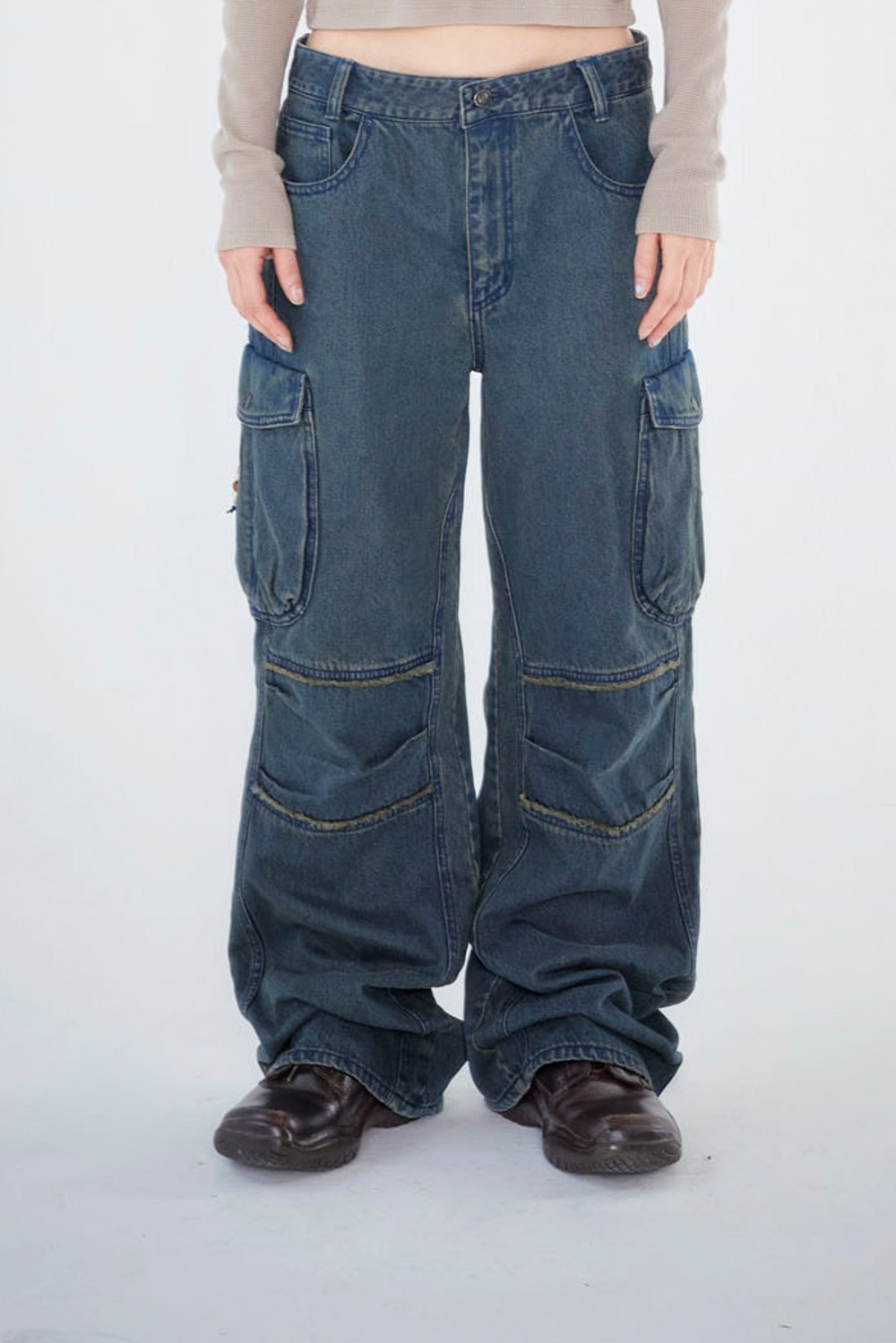 Round Pocket Cargo Jeans-Blue