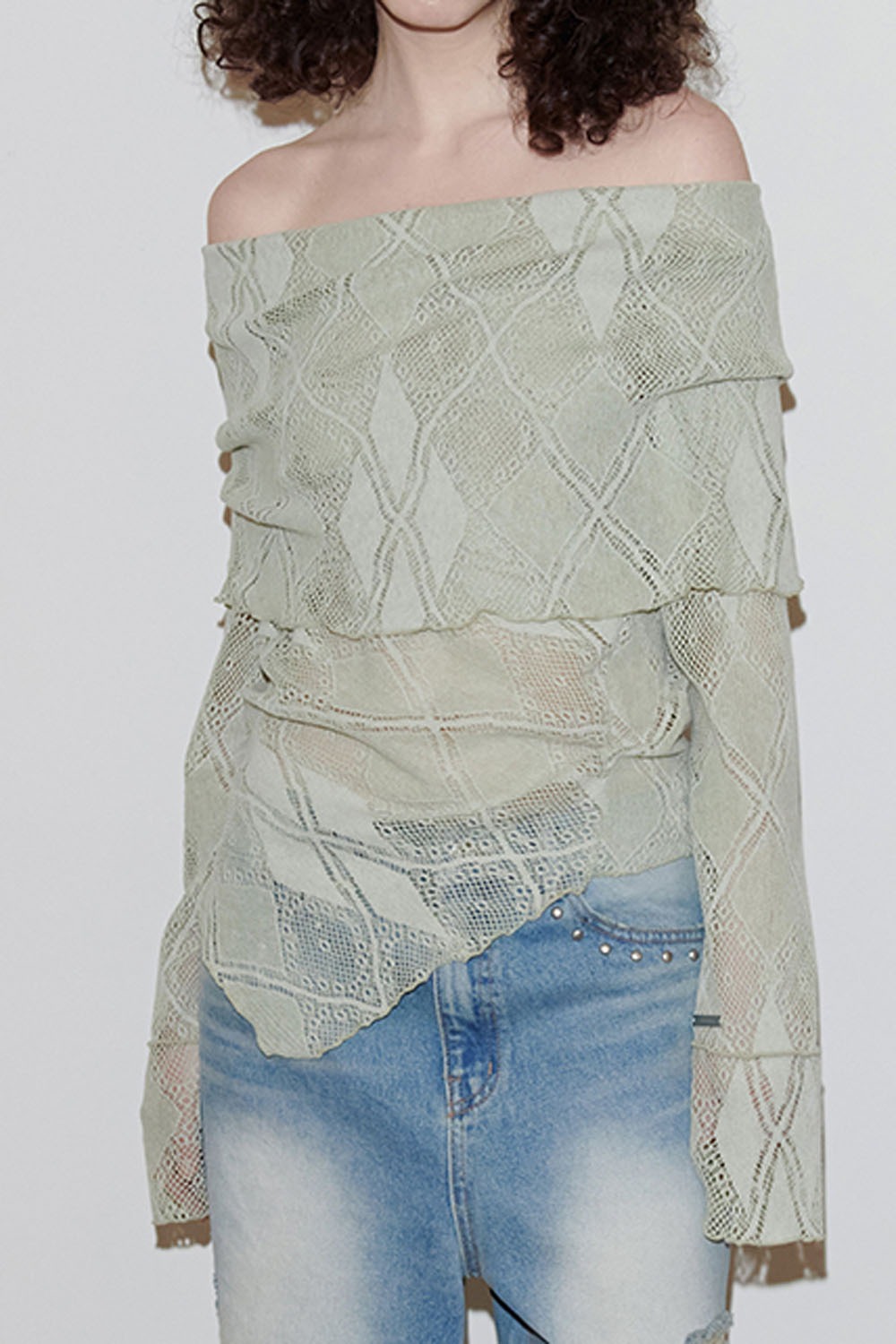 Argyle Lace Off-Shoulder Sweater-Mint