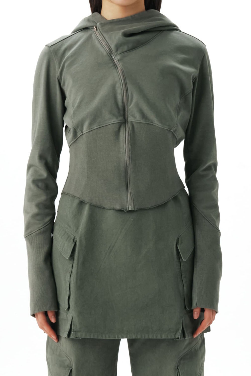 Womens Curved Hooded Sweat Zip Jacket-Olive