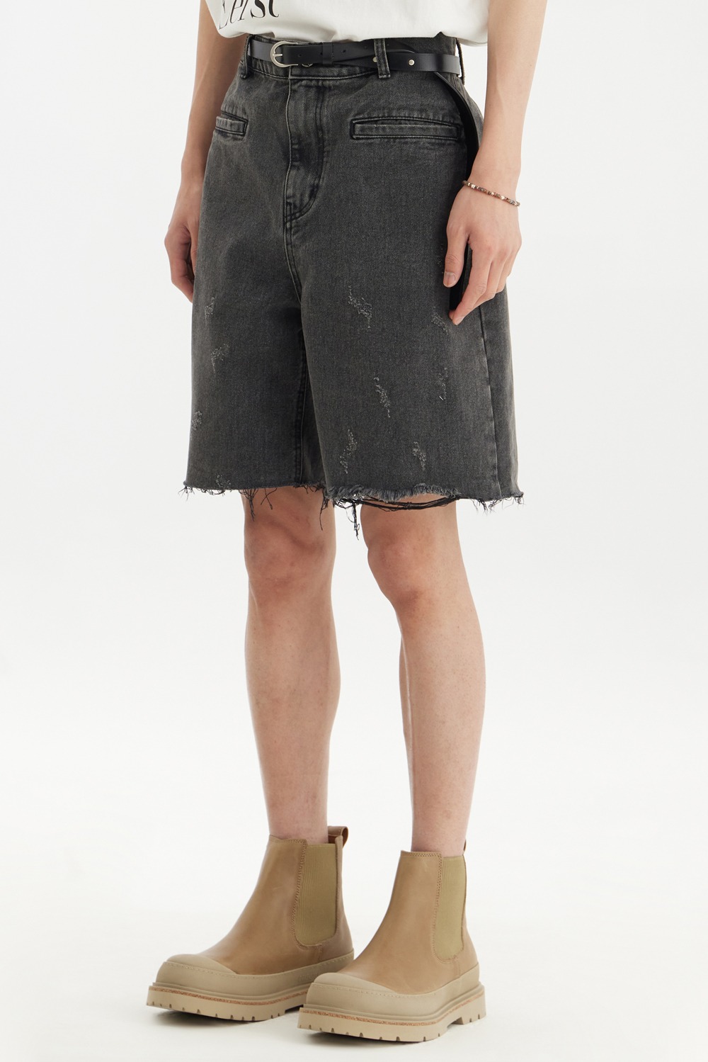 M-Damaged Denim Shorts-Charcoal