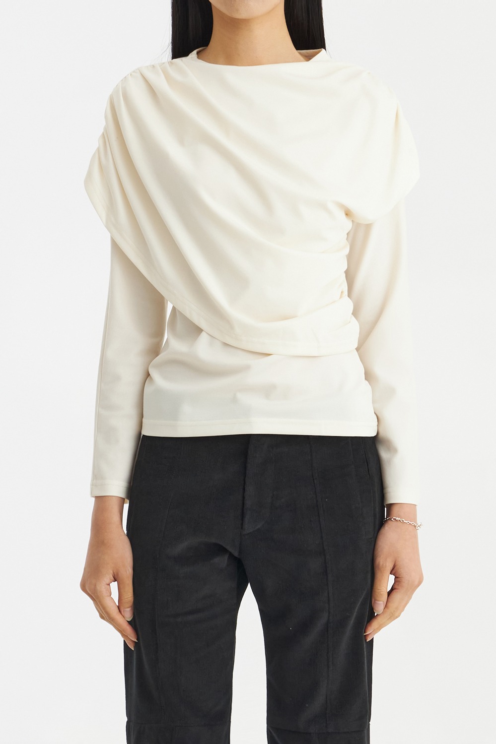 Draped Long Sleeve T-Shirt-White