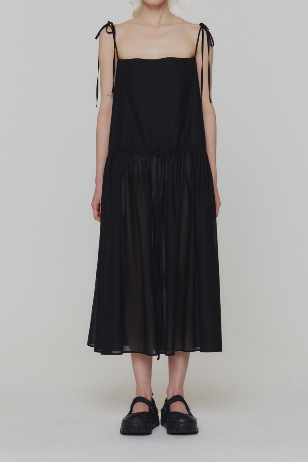 Sheer Shirring Long Dress-Black
