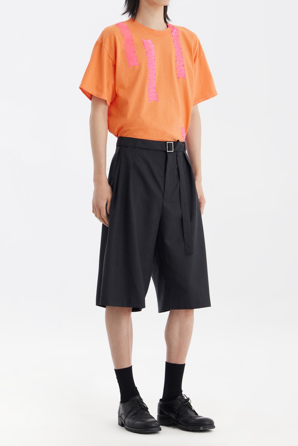 Ribbon Print Short Sleeve T-Shirt-Orange/Pink