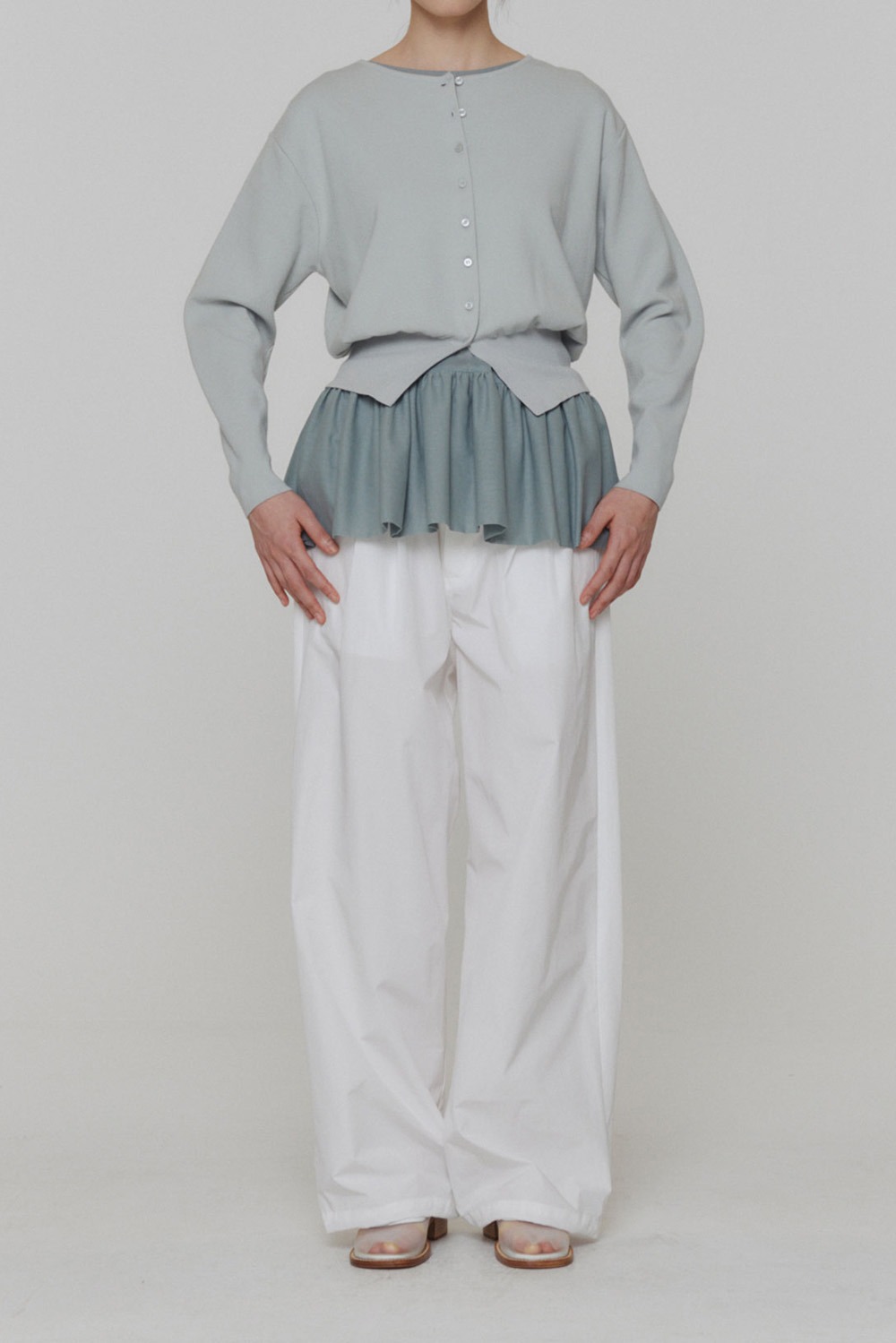 Round Sleeve Shirred Cardigan-Mint