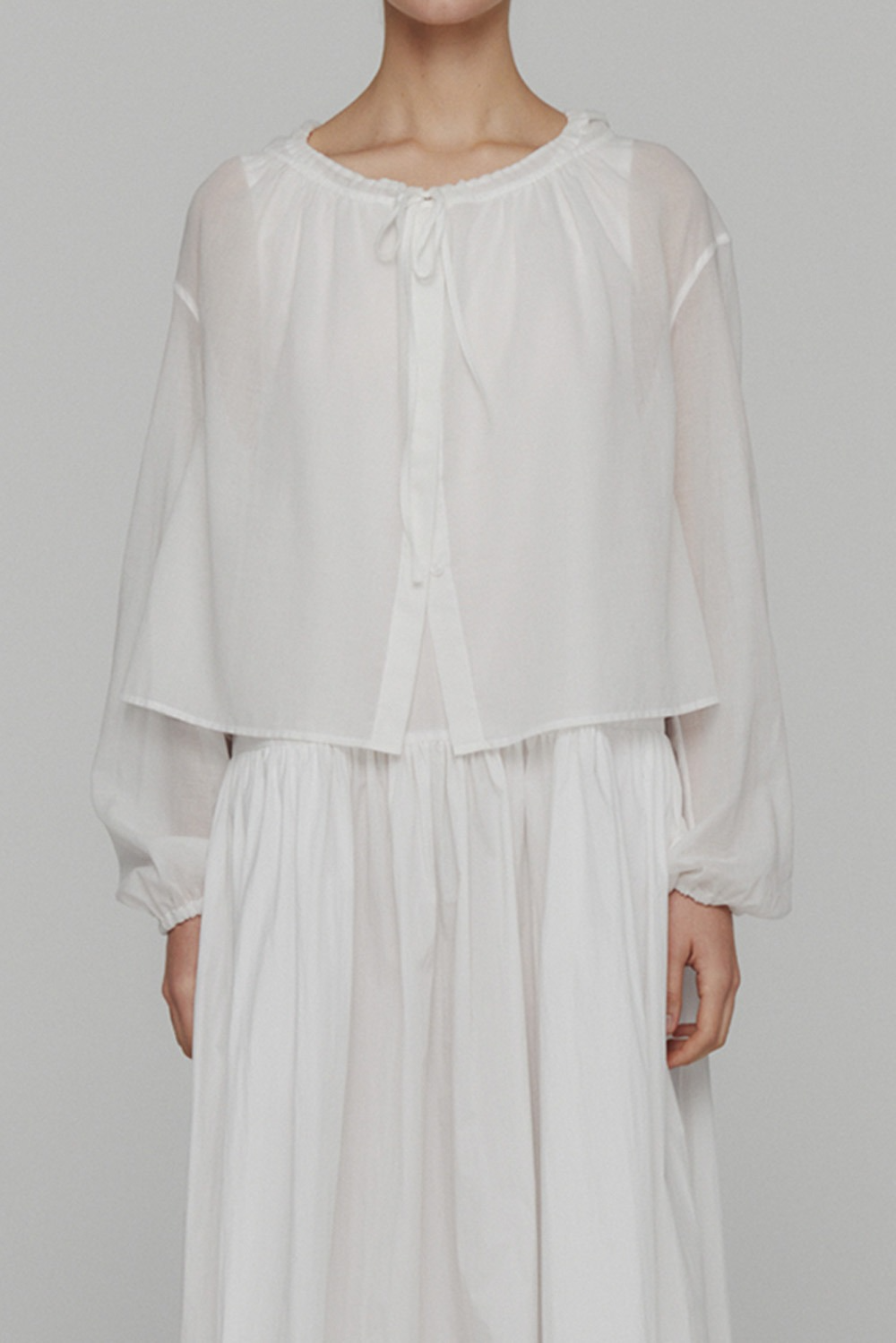 Sheer Shirring Hooded Blouse-White