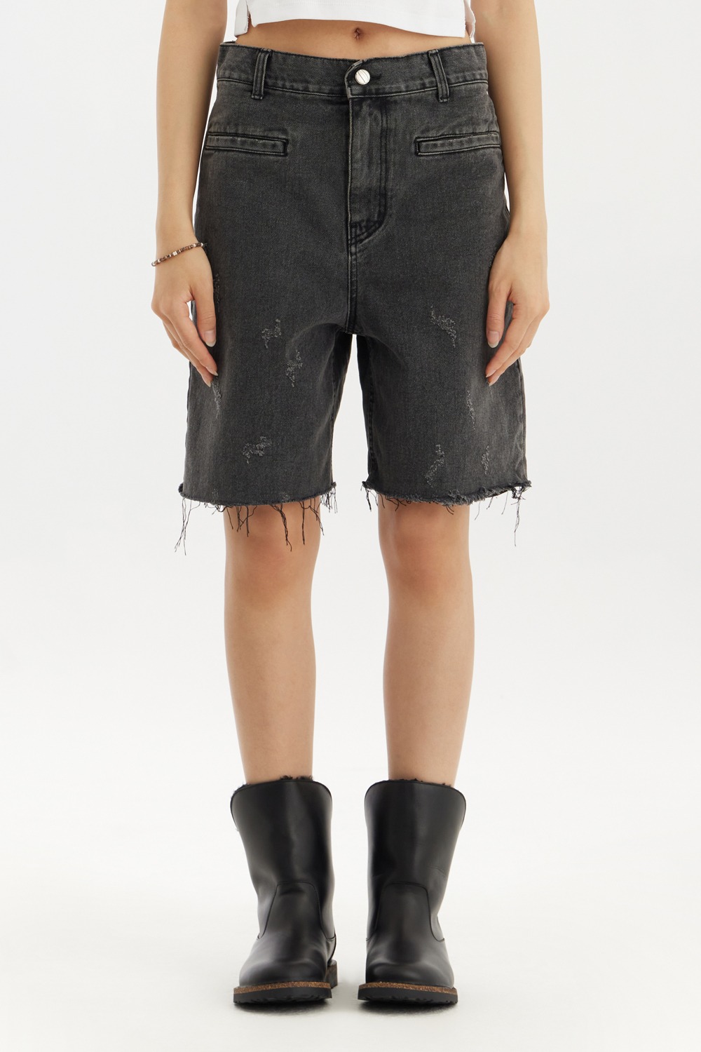 W-Damaged Denim Shorts-Charcoal