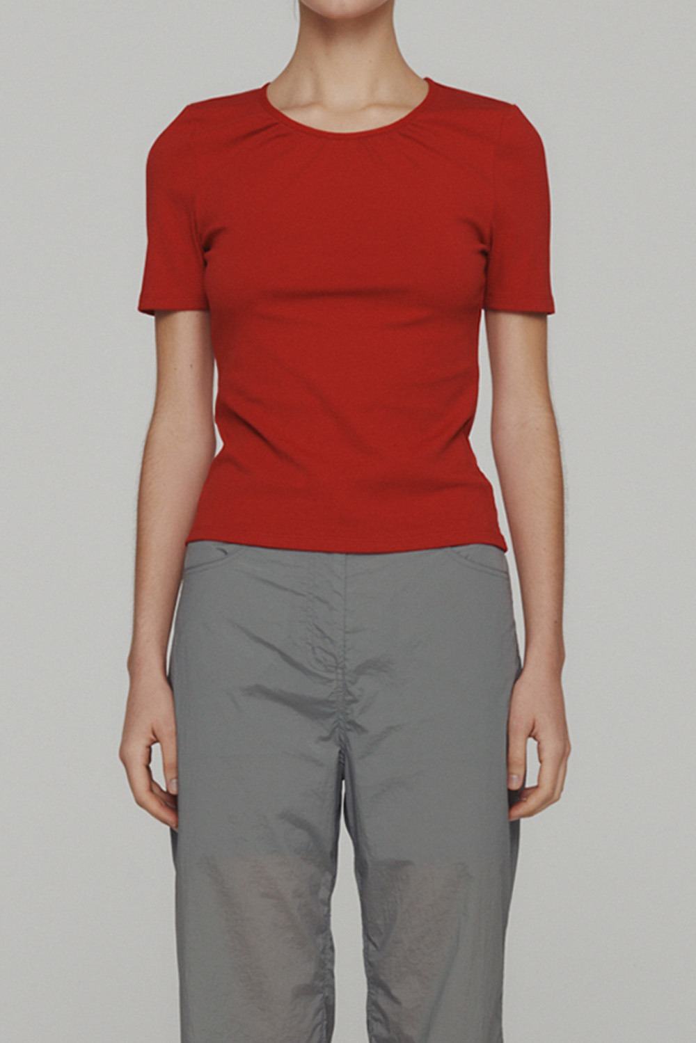 Neck Shirring Short Sleeve Top-Red