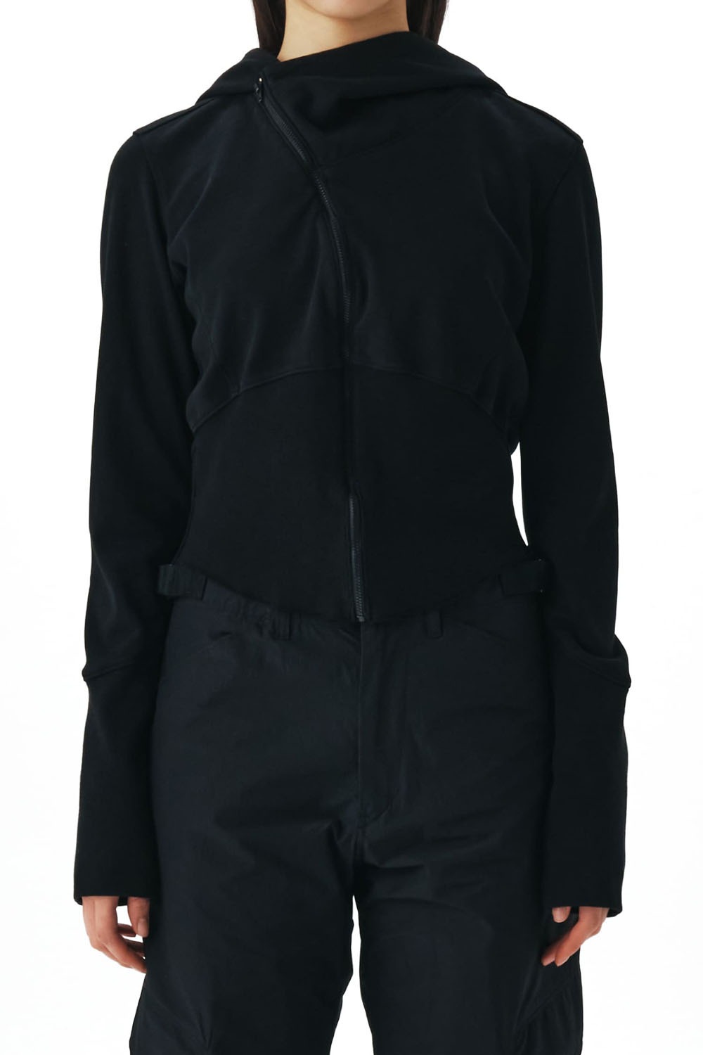 Womens Curved Hooded Sweat Zip Jacket-Black