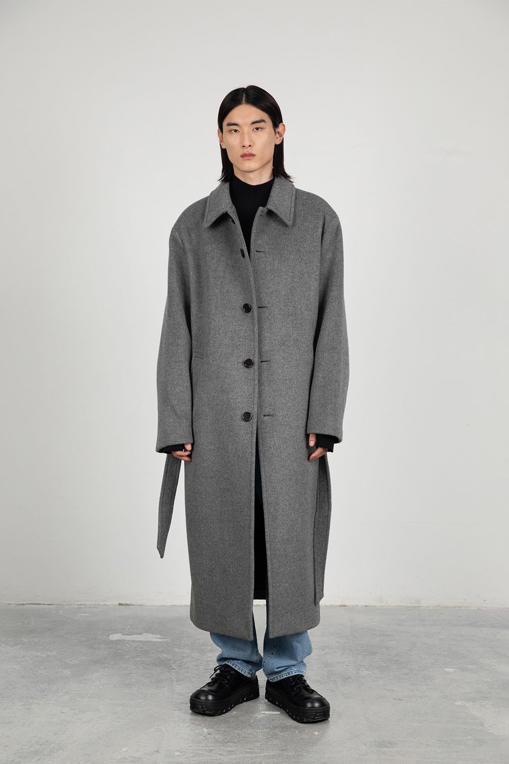 Single Breasted Long Coat - Grey