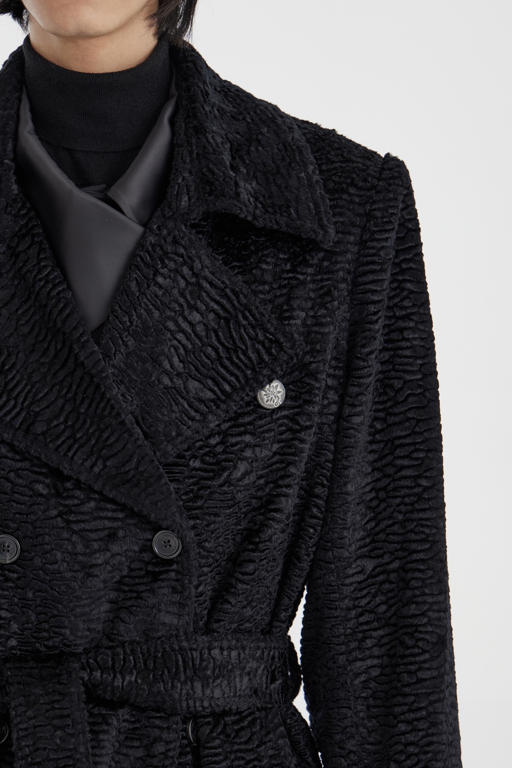 Double-Breasted Fur Coat - Black