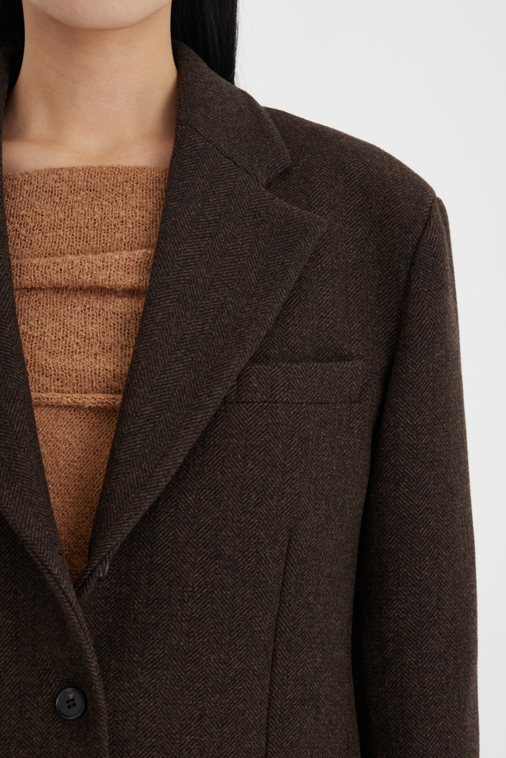 Wool Herringbone Half Coat - Brown