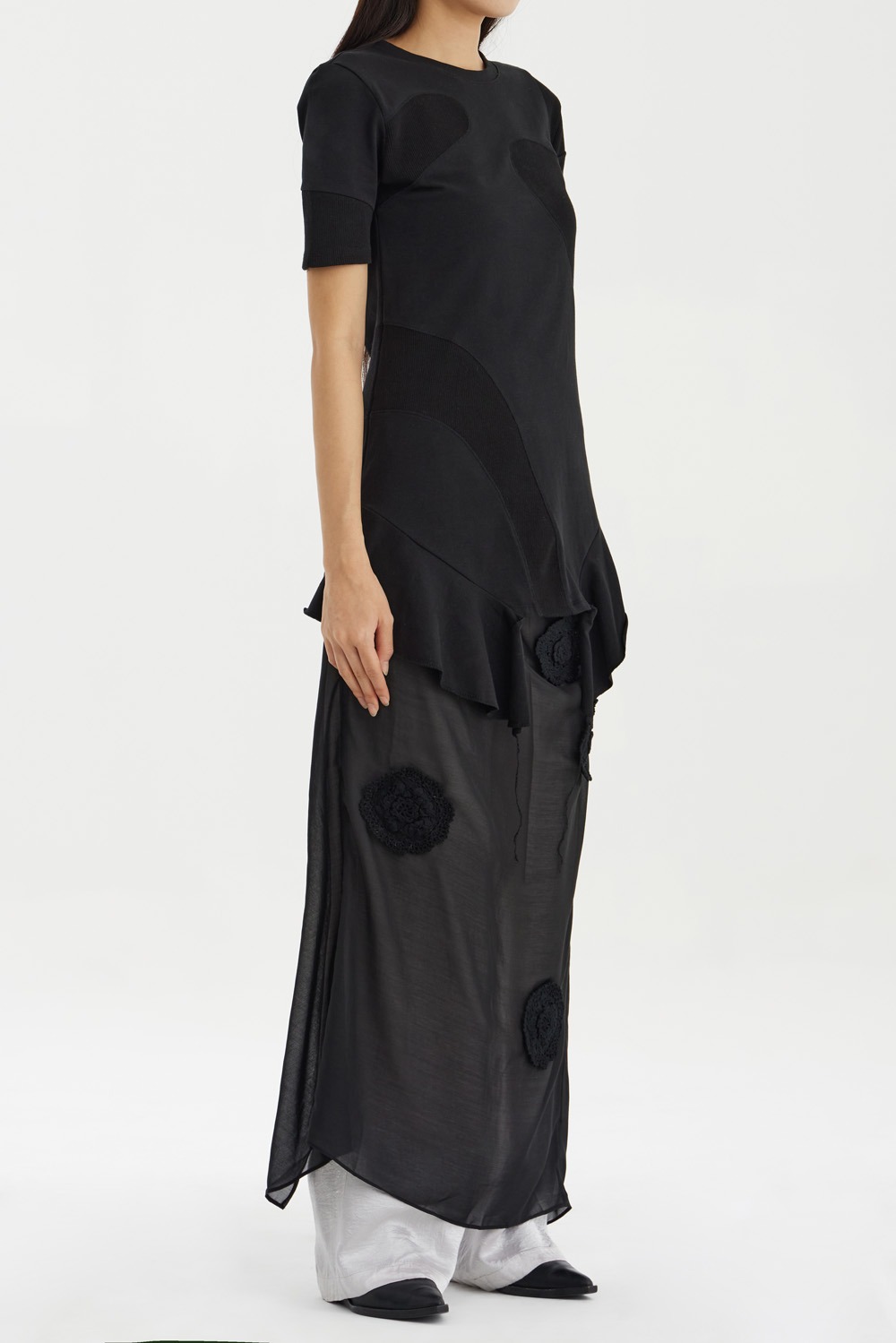 Rib Paneled Dress-Black