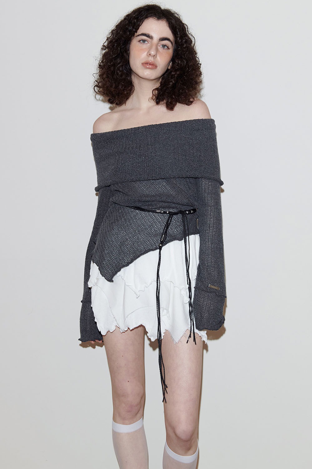 Slouchy Off-Shoulder Sweater-Charcoal
