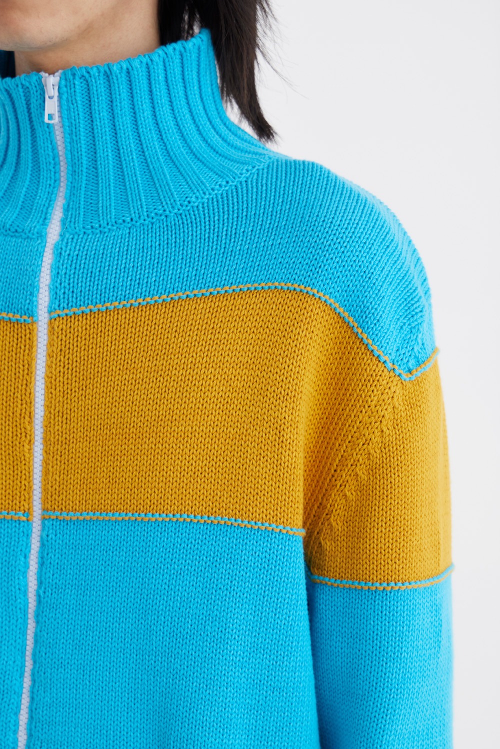 Knit Track Jacket-Turquoise Blue/Curry