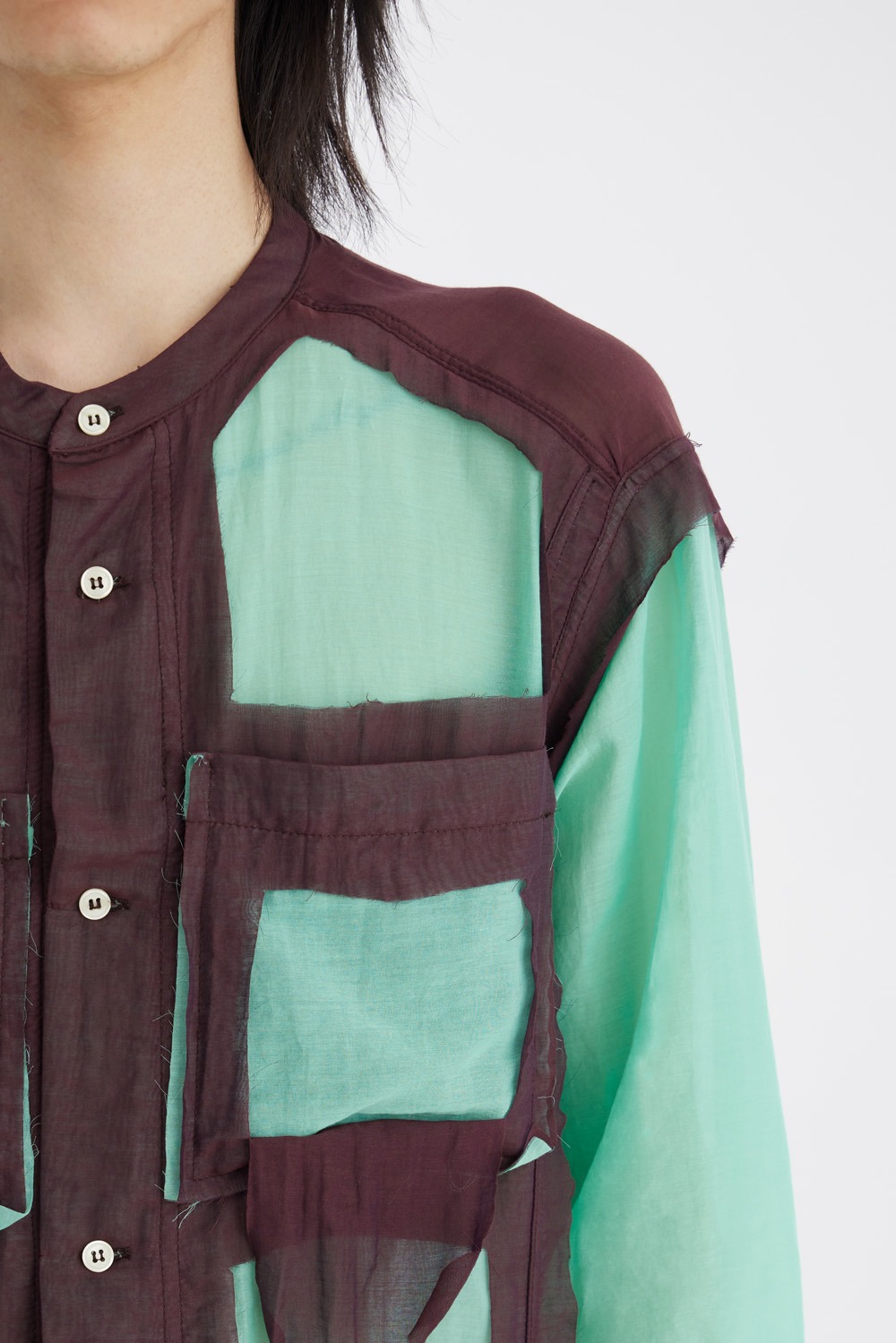 Sheer Double Layer Shirt-Burgundy/Aqua Green