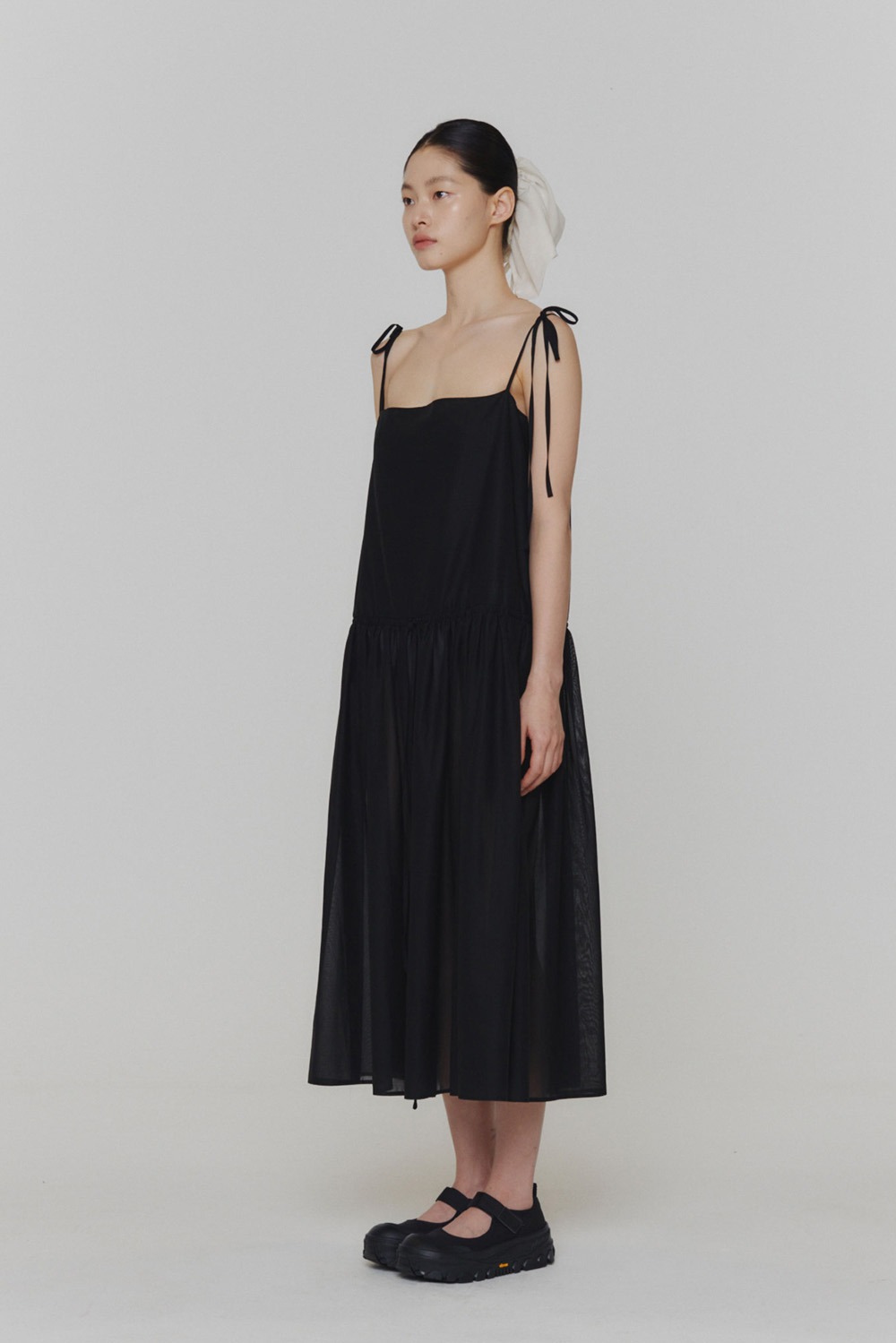 Sheer Shirring Long Dress-Black