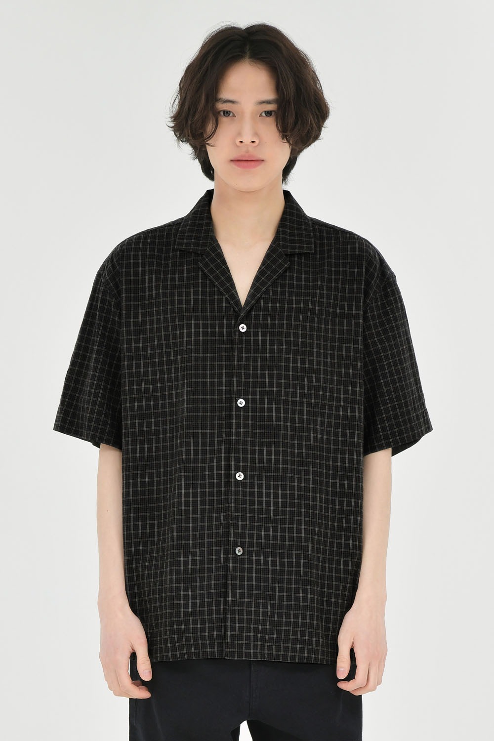 Open Collar Half Shirt-Black Check